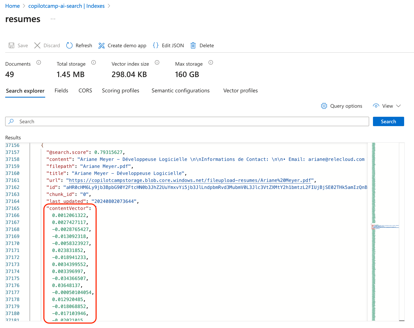 The Search Explorer for the current index in Azure AI Search, showing search data with the contentVector field highlighted with the numeric vectors values.