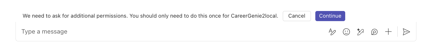 The chat in Microsoft Teams shows a message asking the user to consent permissions to the app associated with the custom engine agent. There are a message, a 'Continue' button, and a 'Cancel' button.