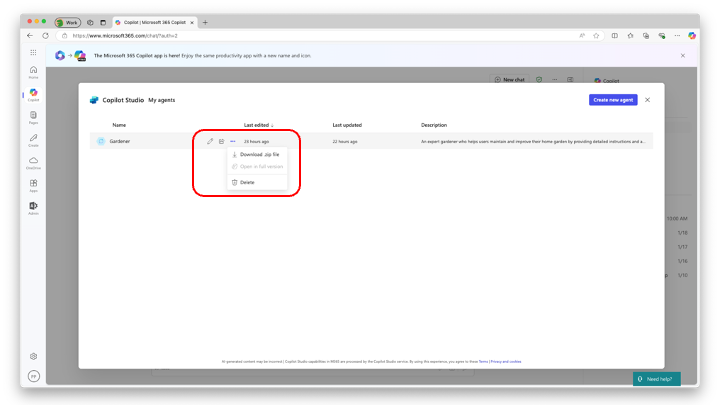 The user experience of Copilot Studio agent builder when showing the list of agents. There is the 'Gardener' agent highlighted with a list of action to edit, share, download, and delete the agent.