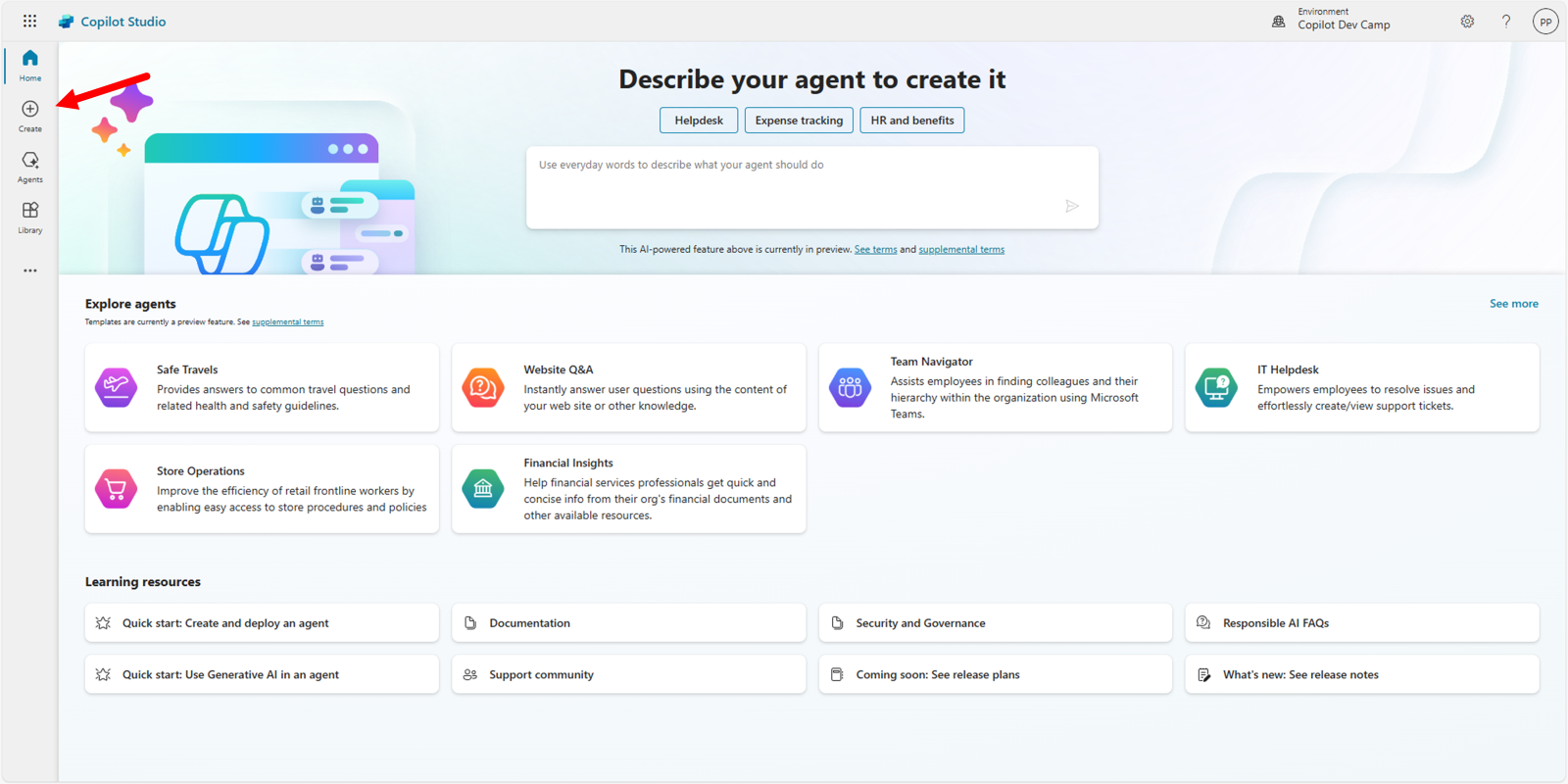 The home page of Microsoft Copilot Studio with the **Create** button highlighted to create a new agent.