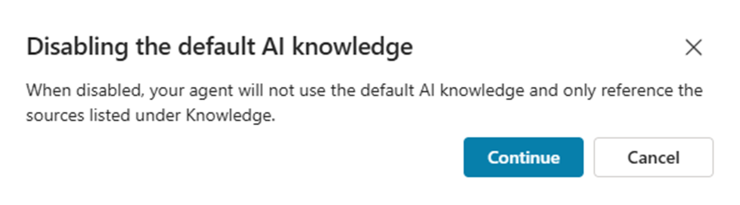 The dialog to confirm that you want to disable general knowledge. There are a **Continue** button and a **Cancel** button.