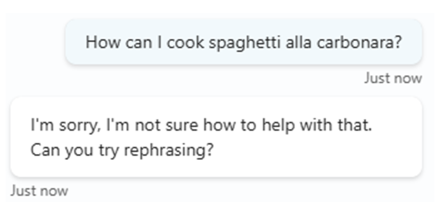 The answer from the agent when asking something that is not related to its configured knowledge base.