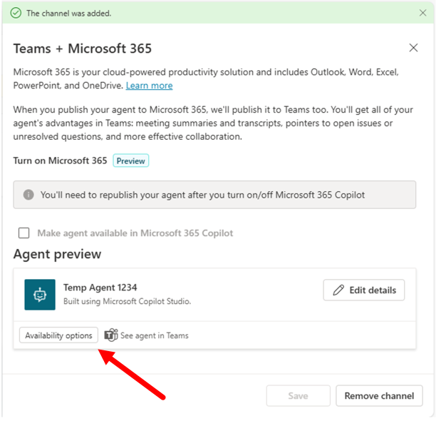 The side panel to enable the Microsoft Teams channel. There is a description of the current state and a couple of buttons to **Turn on Teams** and to **Cancel**.