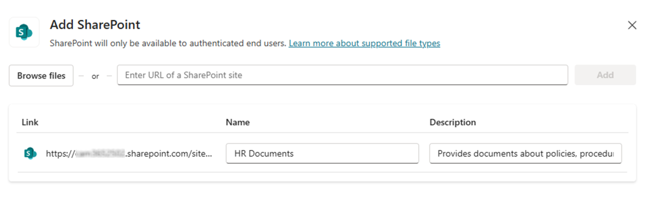 The dialog to add a SharePoint data source. There is a datasource selected with proper name and description.
