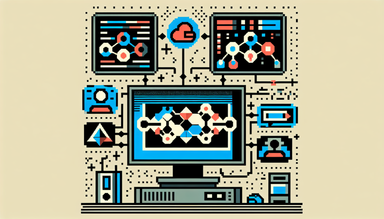 A stylized 8-bit image depicts a geometric computer screen with pixelated icons representing GitHub and Microsoft logos. These icons are connected through a network diagram, illustrating digital collaboration. The image uses a limited palette of five corporate colors to emphasize the theme of teamwork in code contribution. The background remains simple to focus attention on the depicted network connections.
