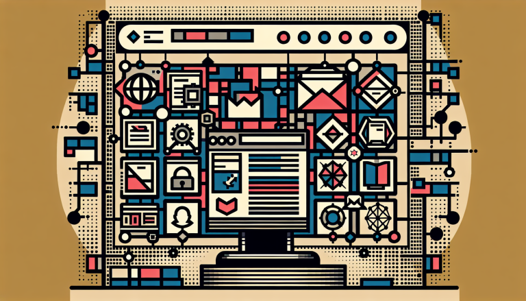An 8-bit style image of an old computer screen shows a simple web browser with icons, such as a camera and document symbols, against a backdrop of abstract geometric shapes representing data analysis. The design incorporates five distinct colors arranged in an orderly pattern.