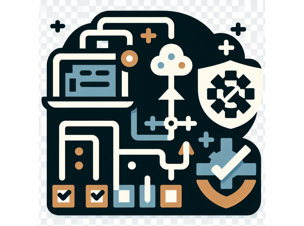 A simple, flat 8-bit icon displays a geometric laptop alongside a cogwheel and checkmark, a stylized file tree linked by lines, a small cloud with an upload arrow, and a basic shield representing security. All elements use a five-color corporate palette, arranged on a transparent background in a 128x128 pixel square, with no people, text, shadows, or 3D effects.