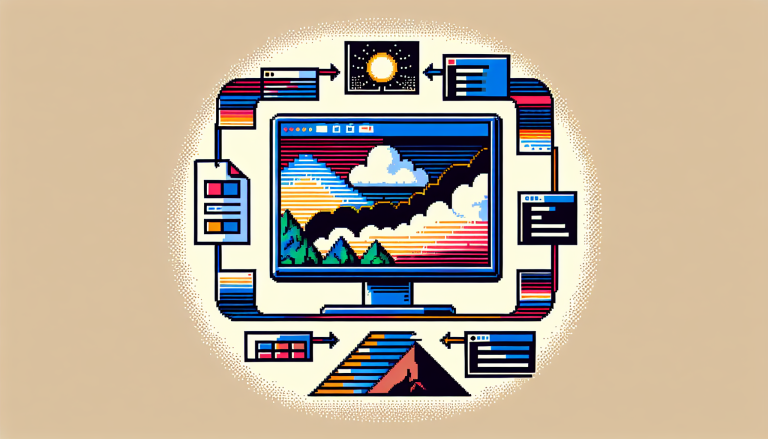 A retro-style 8-bit illustration features a computer screen with a visible code script. Surrounding it are symbolic representations of image generation: a markdown document, an image prompt morphing into abstract art, and a fading alt-text bubble. The design uses corporate colors, simple geometric shapes, and is limited to five colors, without including people or text.