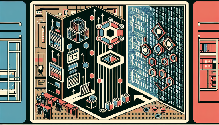 An image in retro 8-bit style showing a digital workspace. On the left, there are icons with lines connecting them, symbolizing the idea of "fallback tools." On the right, geometrical shapes represent binary code processing related to tool-enabled LLMs. The background consists of basic geometric shapes that give a corporate and tech-focused feel, using a consistent 5-color scheme without any human figures or text.