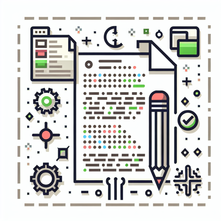 A simple digital illustration featuring a central white paper with code lines and a pencil icon, symbolizing editing. Next to it are a folder and a document with colored highlights, representing different changelog entries. Surrounding these main items are small icons of a cogwheel, check mark, and file tree, all depicted in a 5-color corporate 8-bit style. The background is white or transparent, with no text, gradients, shadows, or people, and all elements have a flat, geometric look. The image is 128x128 pixels.