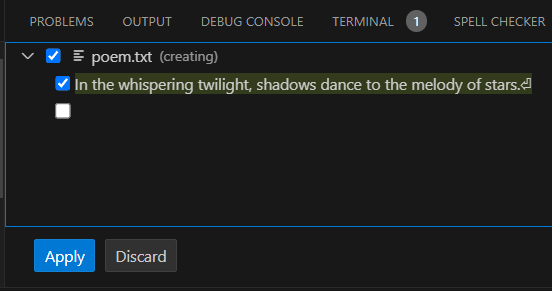 A screenshot of a text editor interface showing a file named "poem.txt" being created. The text "In the whispering twilight, shadows dance to the melody of stars." is highlighted. There are options to apply or discard changes.