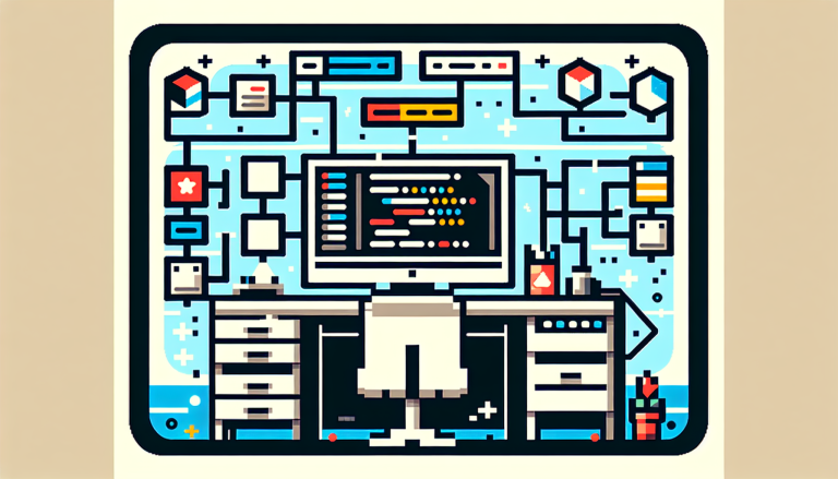 A minimalistic, pixel-art-style 2D illustration of a compact computer workstation with a monitor showing a coding interface. Next to the monitor