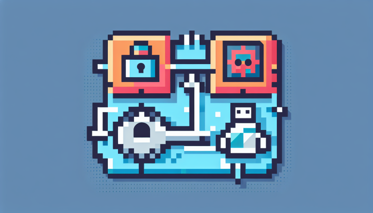 A clean 8-bit illustration uses five corporate colors to show a pixelated digital key bridging a GitHub logo and an AI robot icon. A blocky arrow links these icons, symbolizing smooth integration and automated workflow. There is no text or depiction of people.