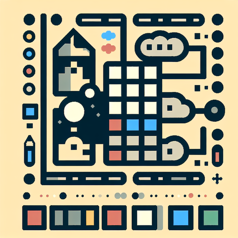 An 8-bit style icon shows two interlocking shapes—a script file with brackets and prompt arrow on one side and a server block on the other, connected by lines signifying protocols. Five vivid colored circles and squares represent resource blocks and parameters between the shapes. A cloud and gear icon suggest remote access and configurable tools. All elements are geometric, with no background, text, or people, and use only five bold corporate colors.