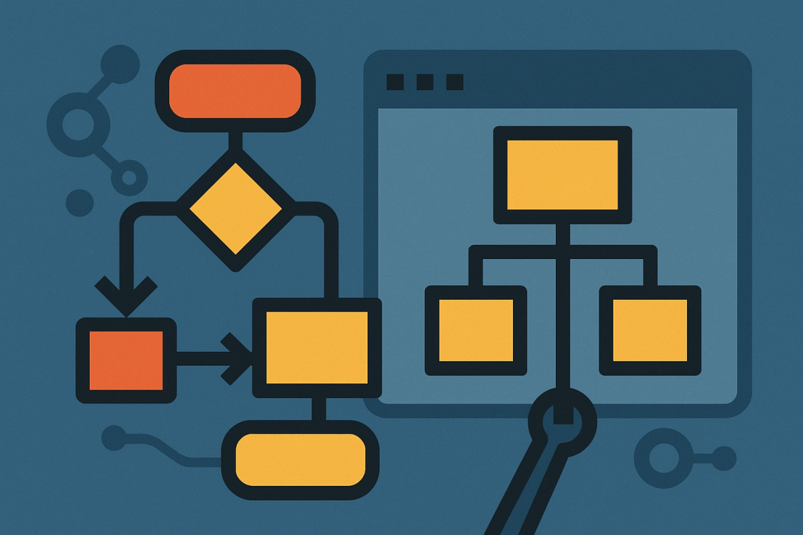 A minimalist 8-bit style image showing a flowchart and a class diagram side by side, with bold arrows connecting geometric shapes like squares, diamonds, and rounded rectangles in the flowchart, and rectangles connected by lines denoting relationships in the class diagram. The background subtly resembles a tech workspace with circular nodes symbolizing an abstract repair or debugging system. The design uses a corporate palette of five colors in a clean, structured layout and lacks text or characters.