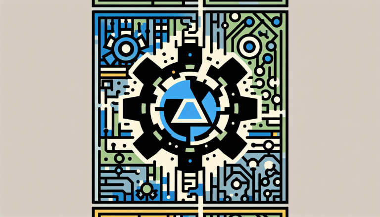 An 8-bit style illustration showcases a stylized Node.JS logo alongside a geometric TypeScript symbol. Abstract gear and circuit patterns connect the two, representing the integration of GenAIScript in a corporate environment. The image uses five colors that highlight a digital, clean, and tech-focused aesthetic, remaining iconic and free of human elements or text.