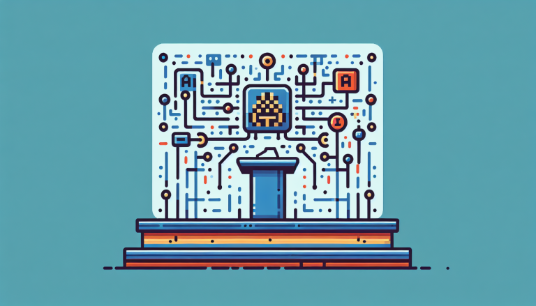 A simplified 8-bit illustration of a presentation stage with a coding-inspired backdrop. The design incorporates geometric patterns symbolizing AI and interconnected circuits, presented in a corporate and futuristic style. It uses five distinct colors with bold, clean lines, focusing on tech innovation through abstraction, without characters or text for added minimalism.