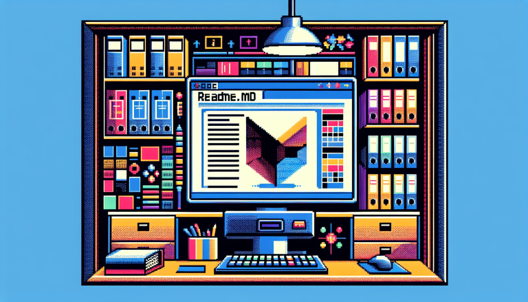A simplistic, pixelated image shows a computer screen displaying a brightly colored README.md file. Surrounding the computer are digital icons depicting various folders and files, symbolizing documentation and examples. The setting is a stylized corporate office, depicted with minimal geometric shapes and a 5-color palette, giving it a classic, retro aesthetic.