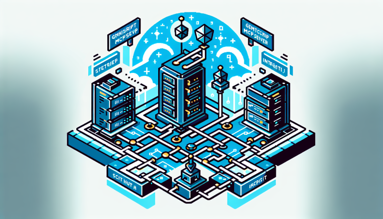 Imagine an 8-bit style scene showing a futuristic, tech-heavy landscape. In the center, there's a large, geometric server block labeled "GenAIScript MCP Server," connected to two smaller devices tagged as "script A MCP Tool" and "script B MCP Tool." A line connects "GitHub Copilot Chat" to the main server, representing integration. The design is minimalist with only five colors, emitting a corporate, high-tech feeling without any human figures or text.