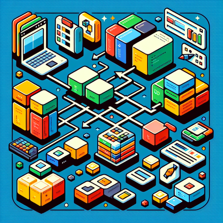 A small, clean 2D flowchart made of flat geometric colored blocks, with arrows linking rectangles that symbolize different data formats such as JSON, YAML, and schema. Includes simple shapes like clipboards, checkboxes, and code brackets, as well as a single stylized computer window. Uses five bold corporate colors, appearing flat and minimalistic with no background, gradients, people, or text.
