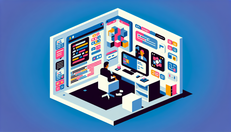 The image depicts a stylized, 8-bit graphic of a computer screen showcasing GitHub Copilot Chat. Abstract visual elements represent API documentation using small code snippets and blocks, illustrating their integration within the chat interface. The scene conveys a sense of technology and software development, designed with corporate aesthetics using a simple five-color palette, without any people or text.