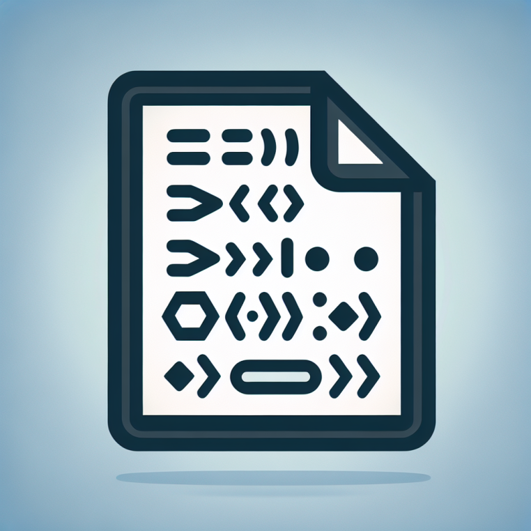 A small, square icon features a simple geometric document outlined in one of five corporate colors, with angled brackets and abstract interface shapes on its surface to represent coding. The document contains dot and dash marks to suggest programming elements, all set against a plain, untextured background. The style is flat, minimal, and pixelated, with no shading, shadows, gradients, or any 3D effects. No people or text appear in the image.